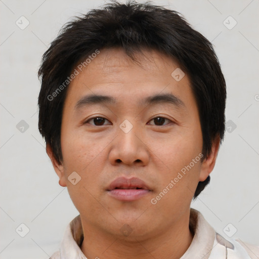 Neutral asian young-adult male with short  brown hair and brown eyes