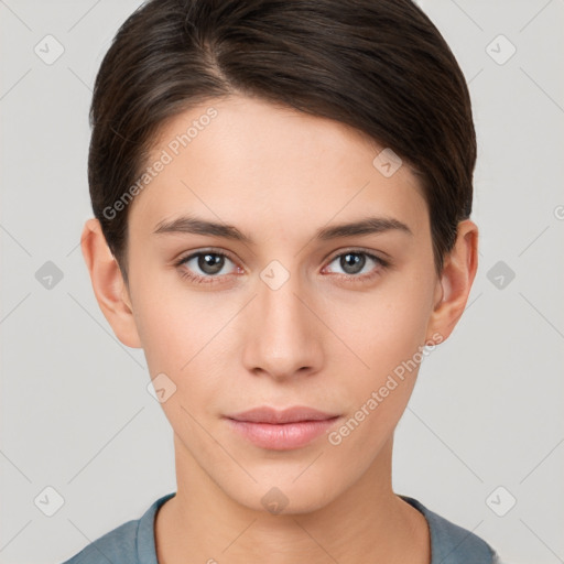 Neutral white young-adult female with short  brown hair and brown eyes