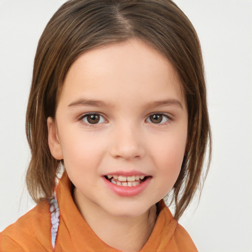 Joyful white child female with medium  brown hair and brown eyes