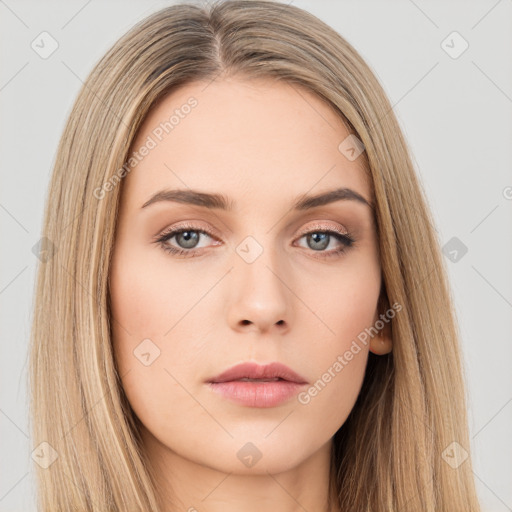 Neutral white young-adult female with long  brown hair and brown eyes