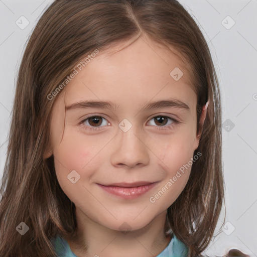 Joyful white child female with medium  brown hair and brown eyes