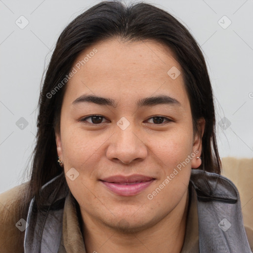 Joyful asian young-adult female with medium  brown hair and brown eyes