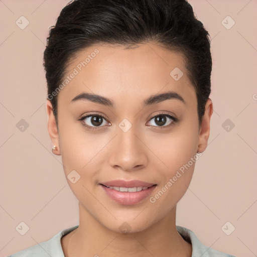 Joyful white young-adult female with short  brown hair and brown eyes