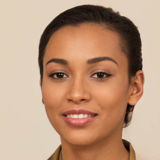 Joyful white young-adult female with long  brown hair and brown eyes