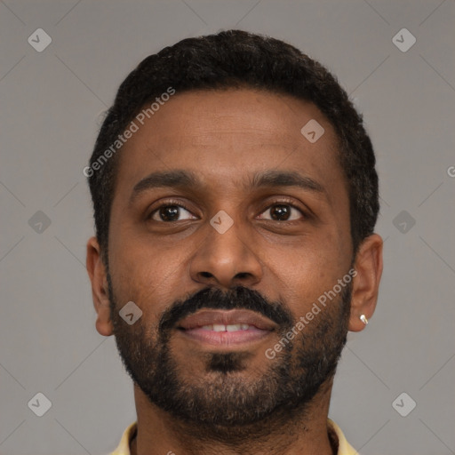 Neutral latino young-adult male with short  brown hair and brown eyes
