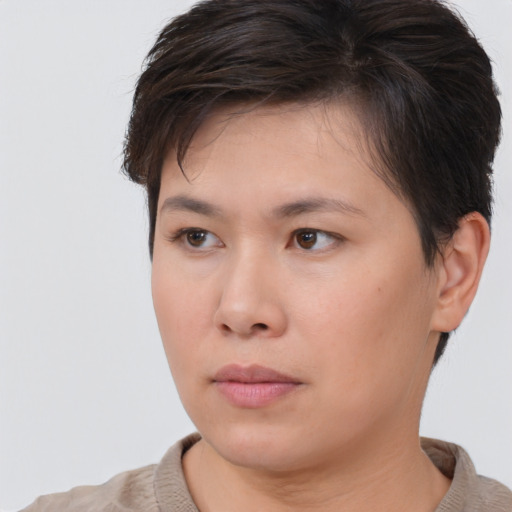 Neutral white young-adult female with short  brown hair and brown eyes