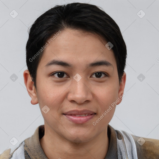 Joyful asian young-adult female with short  brown hair and brown eyes