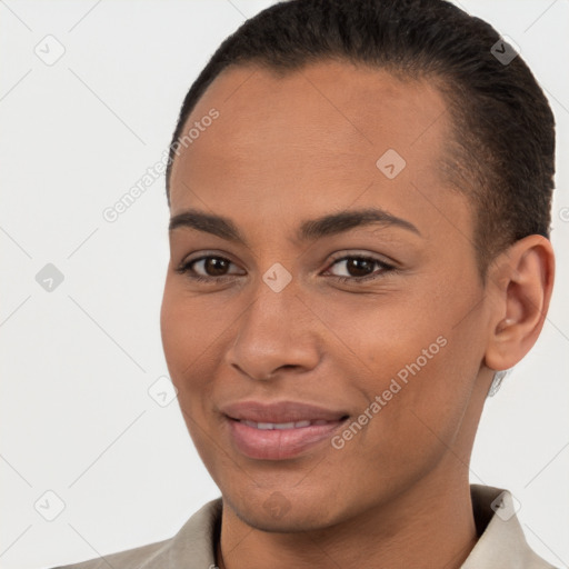 Joyful white young-adult female with short  brown hair and brown eyes