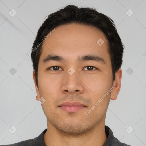 Neutral asian young-adult male with short  black hair and brown eyes