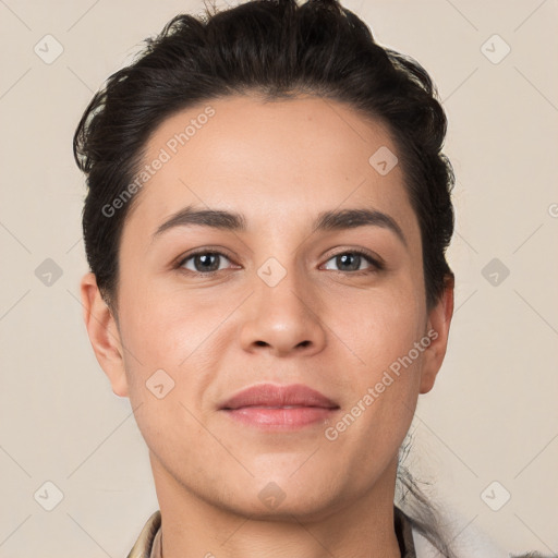 Neutral white young-adult female with short  brown hair and brown eyes