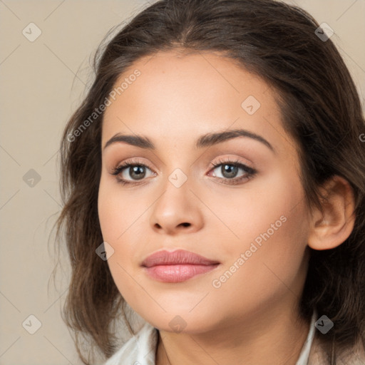 Neutral white young-adult female with medium  brown hair and brown eyes