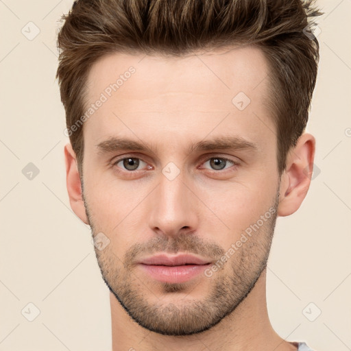 Neutral white young-adult male with short  brown hair and brown eyes