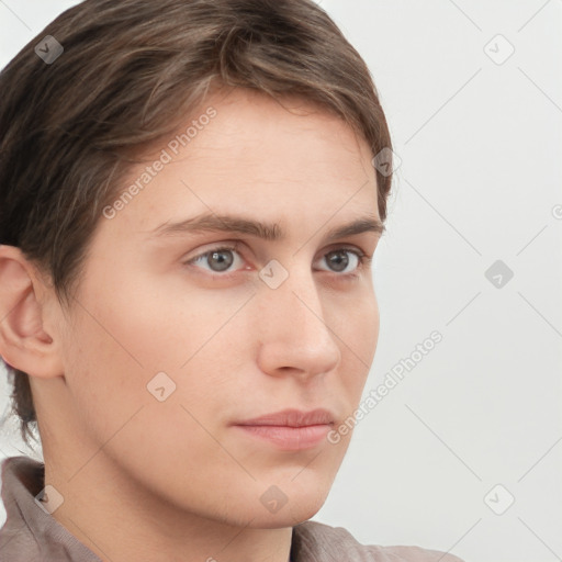 Neutral white young-adult male with short  brown hair and grey eyes