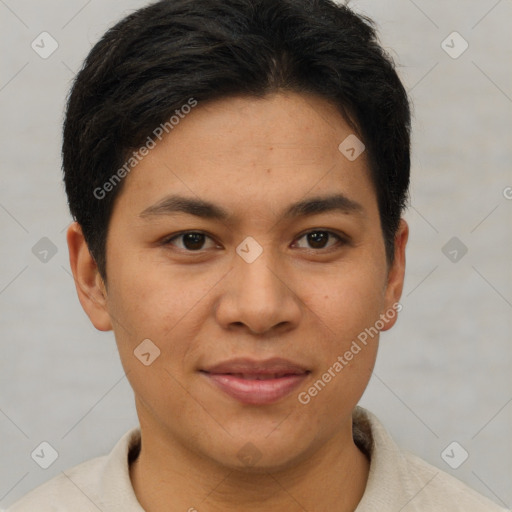 Joyful asian young-adult female with short  brown hair and brown eyes