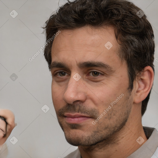 Neutral white adult male with short  brown hair and brown eyes