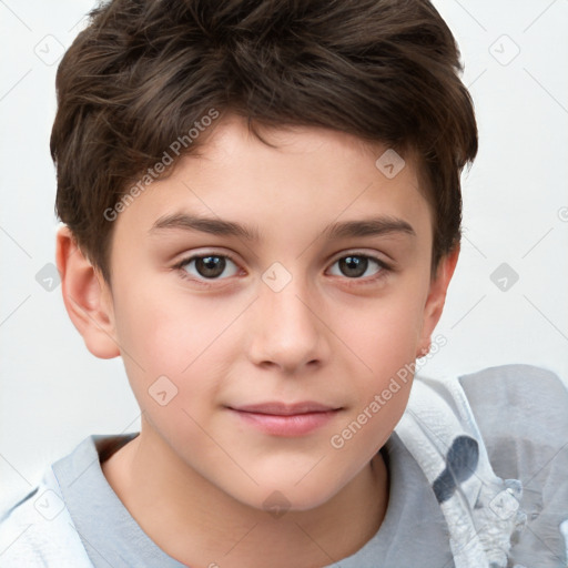 Joyful white child male with short  brown hair and brown eyes