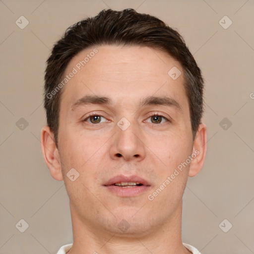 Neutral white young-adult male with short  brown hair and brown eyes