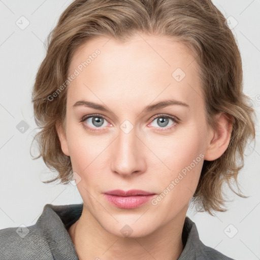 Neutral white young-adult female with medium  brown hair and grey eyes