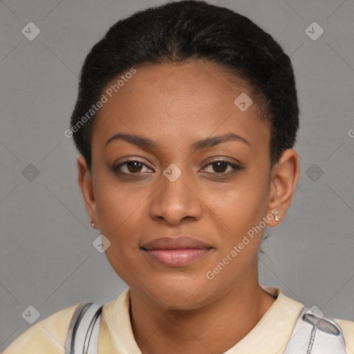 Joyful latino young-adult female with short  black hair and brown eyes