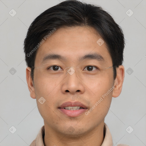 Neutral asian young-adult male with short  brown hair and brown eyes