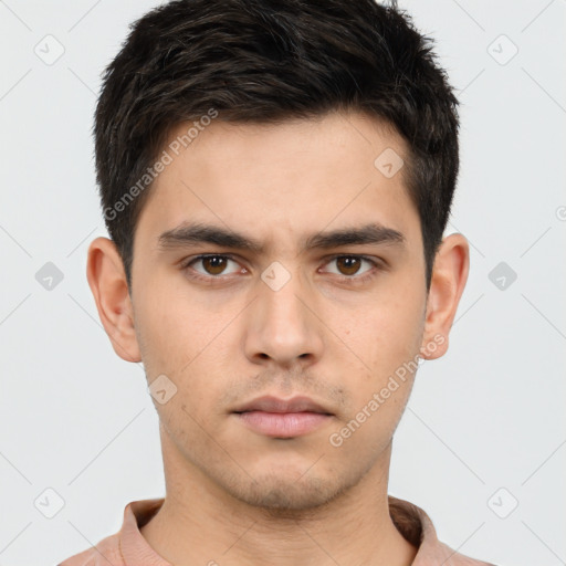 Neutral white young-adult male with short  brown hair and brown eyes