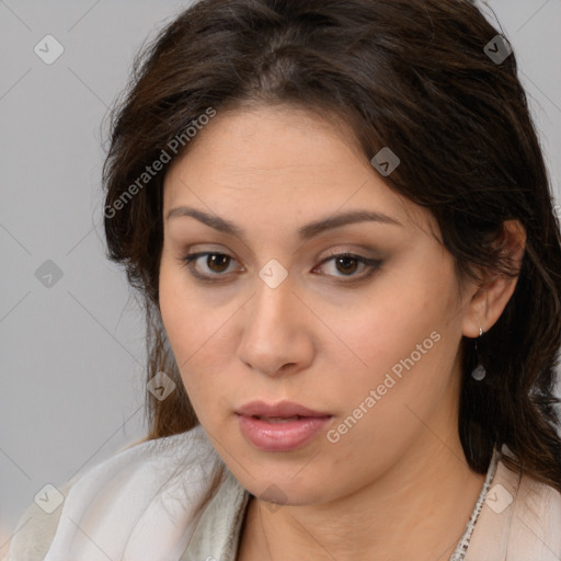 Neutral white young-adult female with medium  brown hair and brown eyes