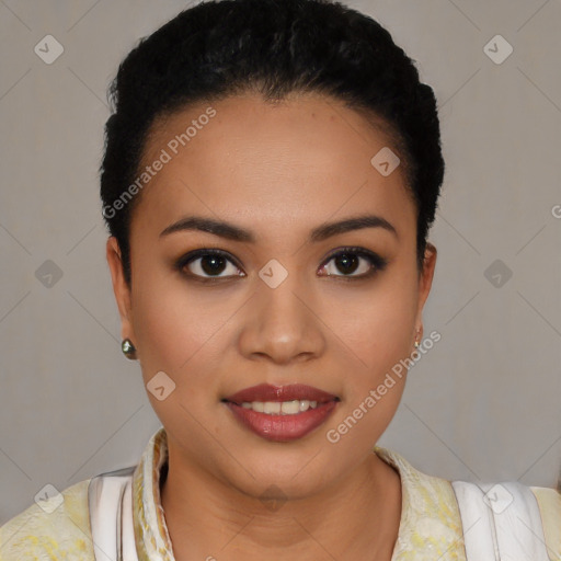 Joyful latino young-adult female with short  black hair and brown eyes