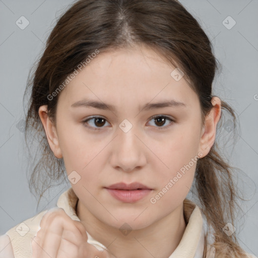 Neutral white young-adult female with medium  brown hair and brown eyes