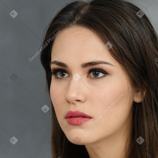 Neutral white young-adult female with medium  brown hair and brown eyes