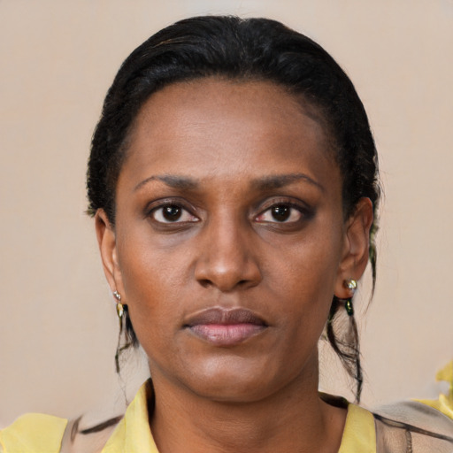 Neutral black young-adult female with short  black hair and brown eyes