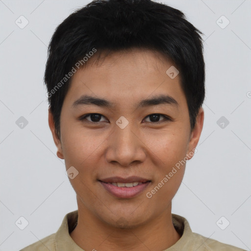 Joyful asian young-adult male with short  black hair and brown eyes