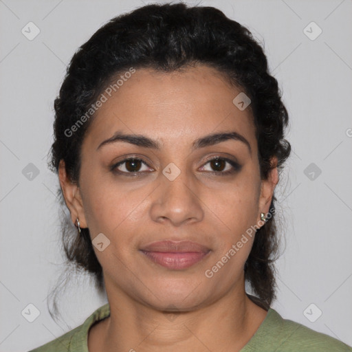 Joyful latino young-adult female with short  brown hair and brown eyes