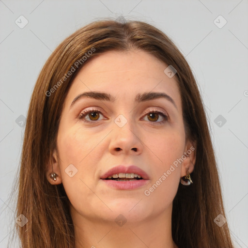 Joyful white young-adult female with long  brown hair and brown eyes