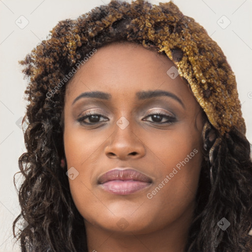 Joyful black young-adult female with long  brown hair and brown eyes