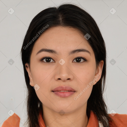 Neutral asian young-adult female with medium  black hair and brown eyes