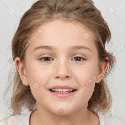 Joyful white child female with medium  brown hair and brown eyes