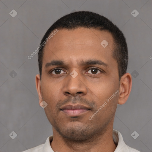 Neutral black young-adult male with short  black hair and brown eyes
