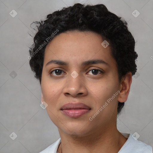 Joyful latino young-adult female with short  black hair and brown eyes