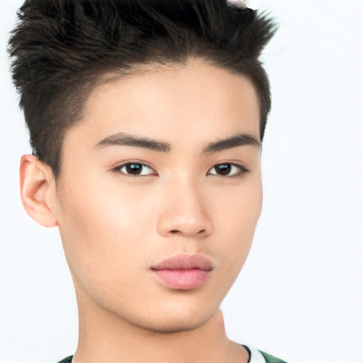 Neutral asian young-adult male with short  brown hair and brown eyes