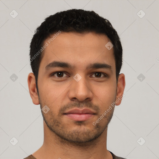 Neutral latino young-adult male with short  black hair and brown eyes