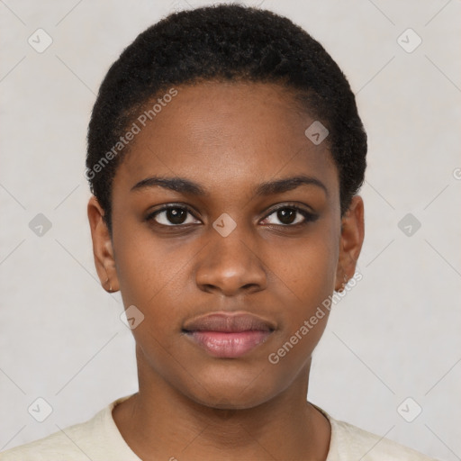 Neutral black young-adult female with short  black hair and brown eyes