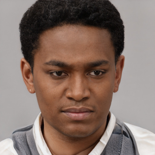 Joyful latino young-adult male with short  brown hair and brown eyes