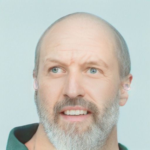 Joyful white middle-aged male with short  brown hair and blue eyes