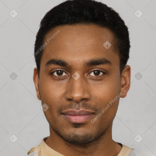 Neutral black young-adult male with short  black hair and brown eyes