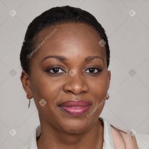 Joyful black adult female with short  brown hair and brown eyes