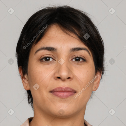 Joyful white young-adult female with short  brown hair and brown eyes