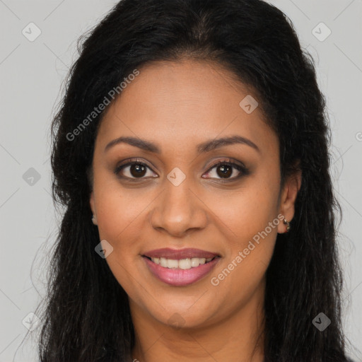 Joyful latino young-adult female with long  brown hair and brown eyes