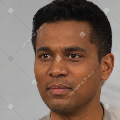 Neutral black young-adult male with short  black hair and brown eyes