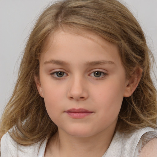 Neutral white child female with medium  brown hair and blue eyes