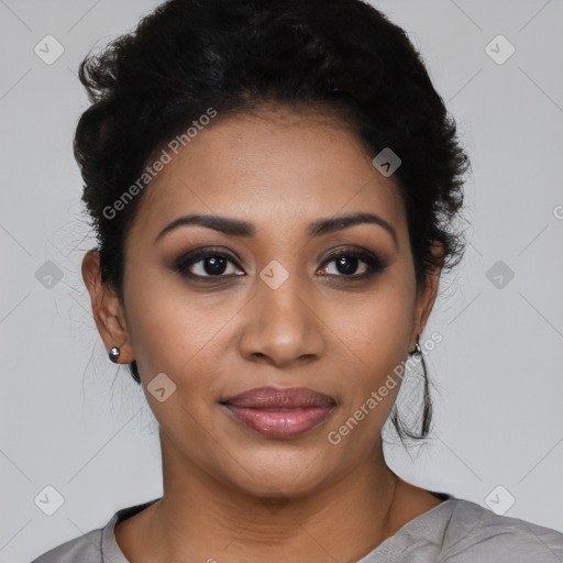 Joyful latino young-adult female with short  black hair and brown eyes